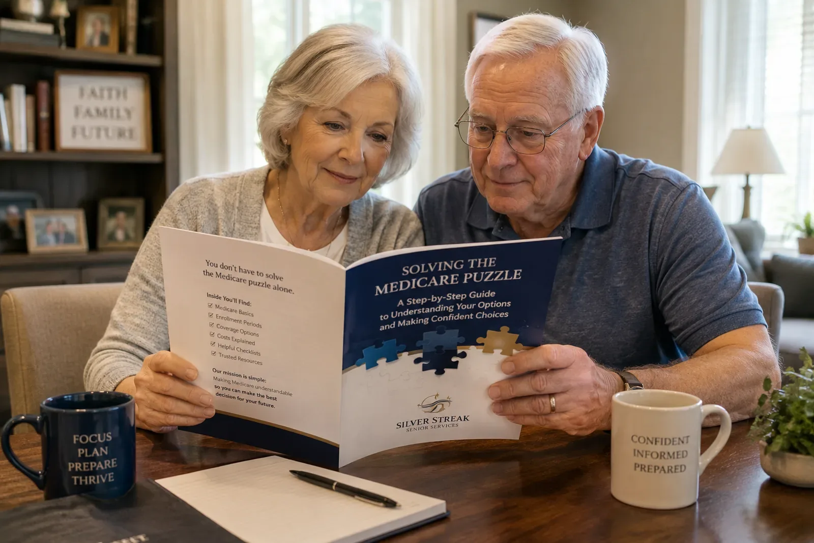 An older couple sitting together at their dining table, reading the Silver Streak Solving the Medicare Puzzle guide over coffee.