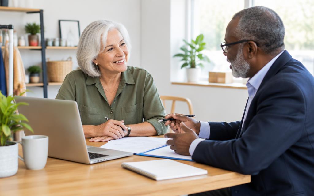 An older business owner reviewing paperwork with an accountant at a bright office table