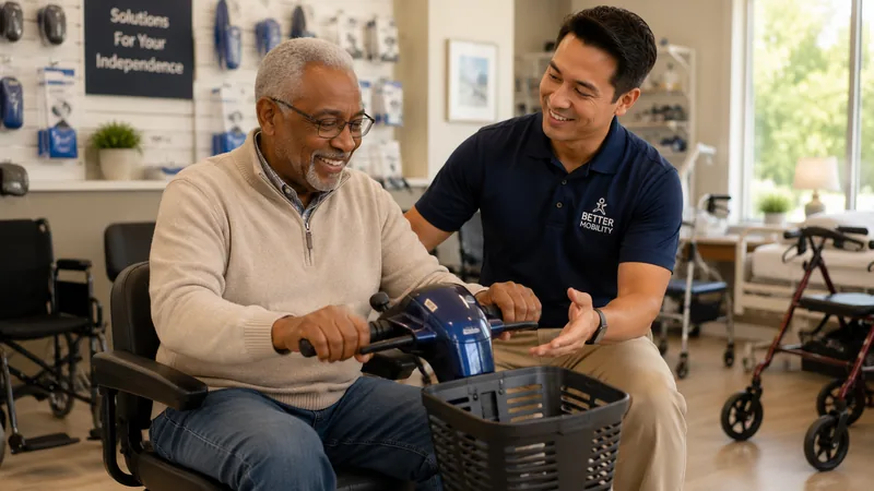 A senior man trying out a mobility scooter with a helper