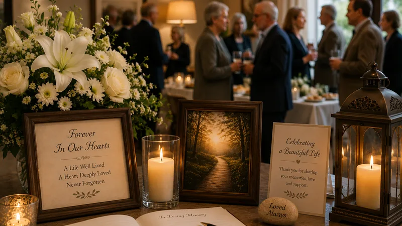 A warm memorial gathering with white lilies and candlelight, celebrating a life