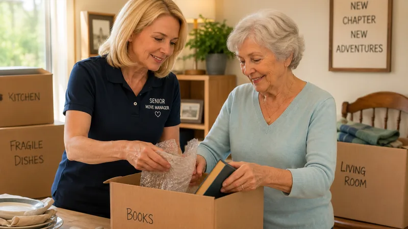 A senior move manager helping pack a home with care