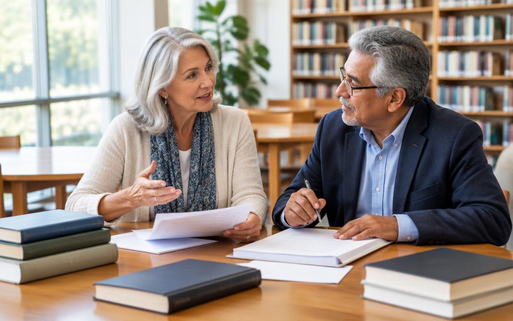 An older author and editor discussing manuscript pages at a library table
