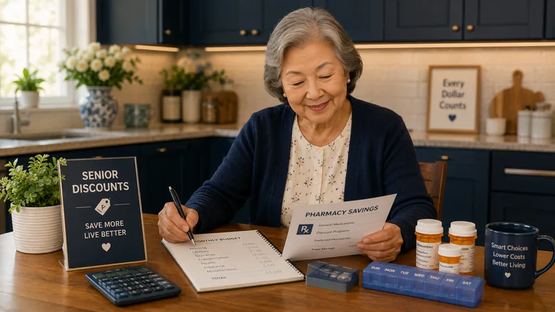 An East Asian senior woman reviewing pharmacy savings and a budget at her kitchen table