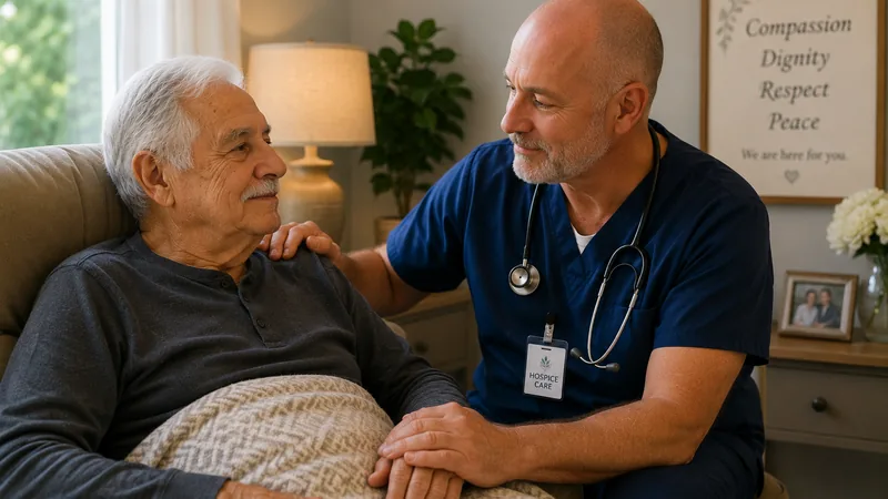 A hospice nurse gently comforting a senior patient