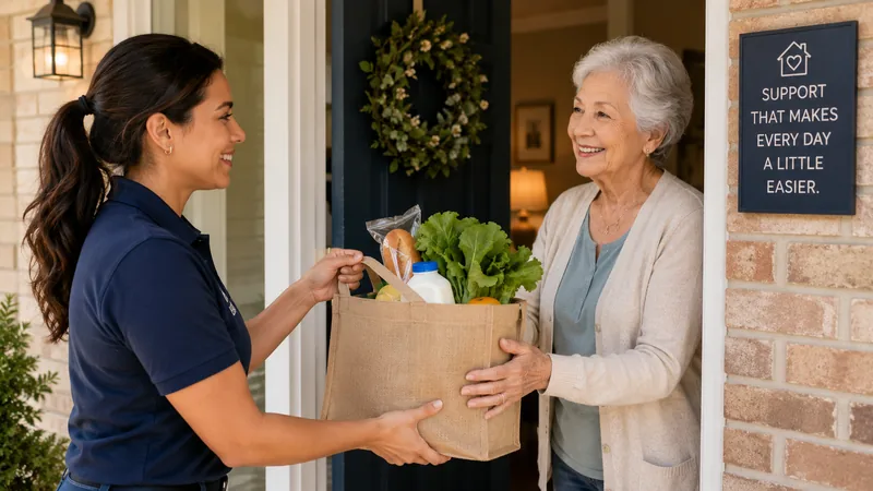 A helper delivering fresh groceries to a senior at her door