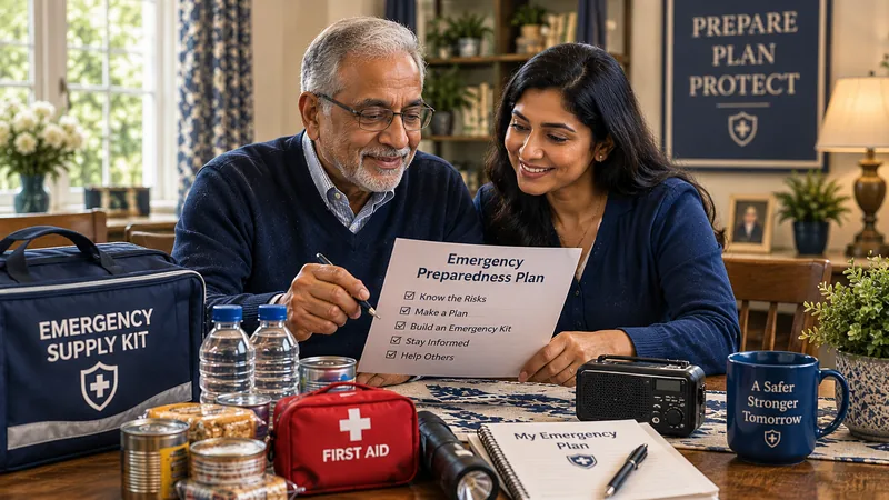 A South Asian senior couple reviewing an emergency preparedness plan at home