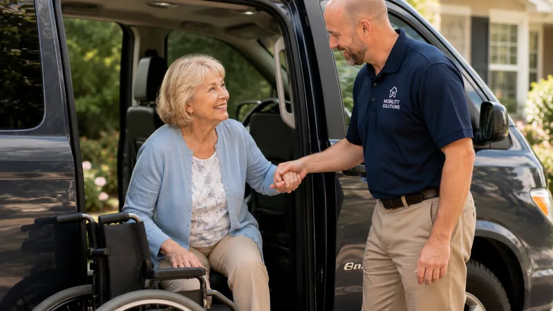 A cheerful senior woman being helped into an accessible vehicle