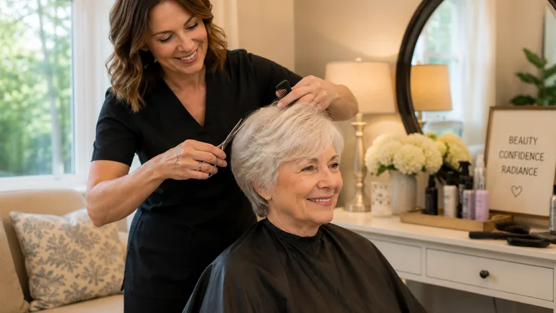 A stylist giving a senior woman a fresh haircut at home