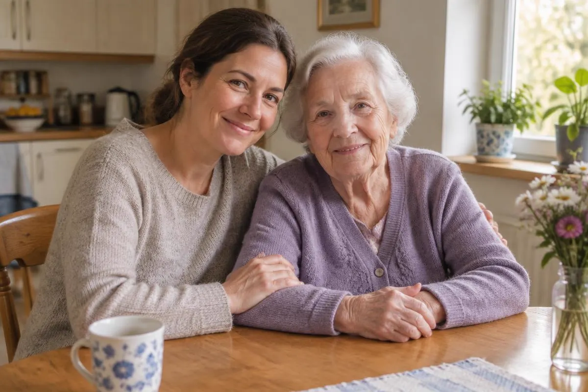 An adult daughter sitting with her elderly mother at a kitchen table