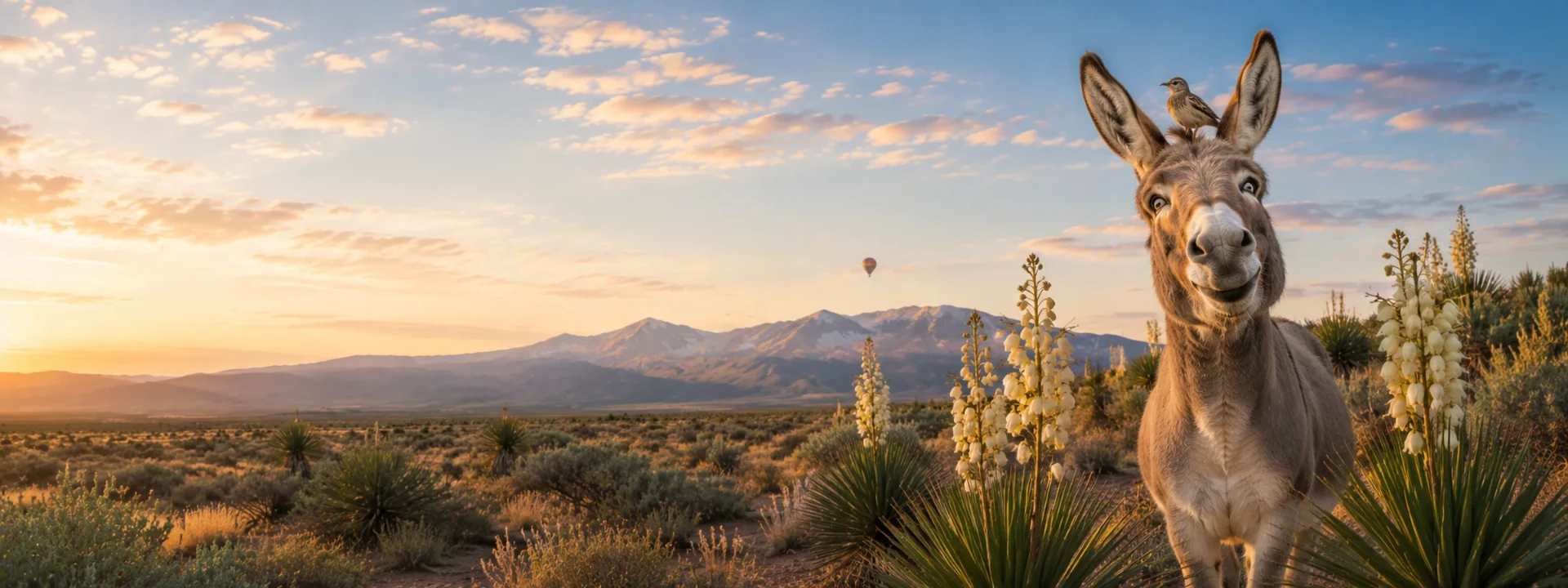 New Mexico senior resources — a burro with a roadrunner among yucca blooms with a hot air balloon in the high desert. Trusted help from public agencies and nonprofits for New Mexico seniors and their families.