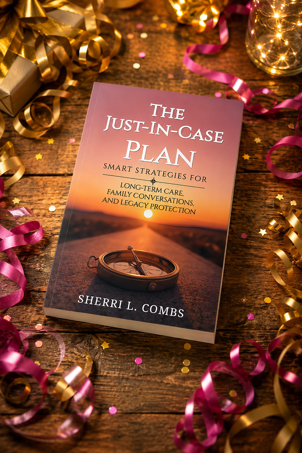 The Just-In-Case Plan by Sherri L. Combs, an award-winning book, shown with celebration ribbons