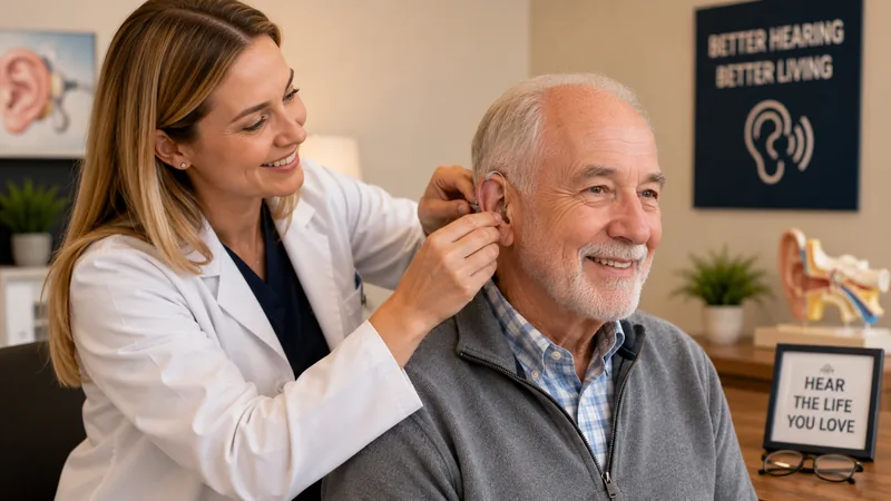 An audiologist fitting a hearing aid for a senior patient