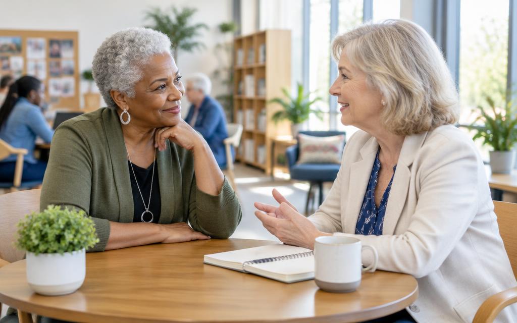 Two older women sharing an encouraging mentoring conversation at a table