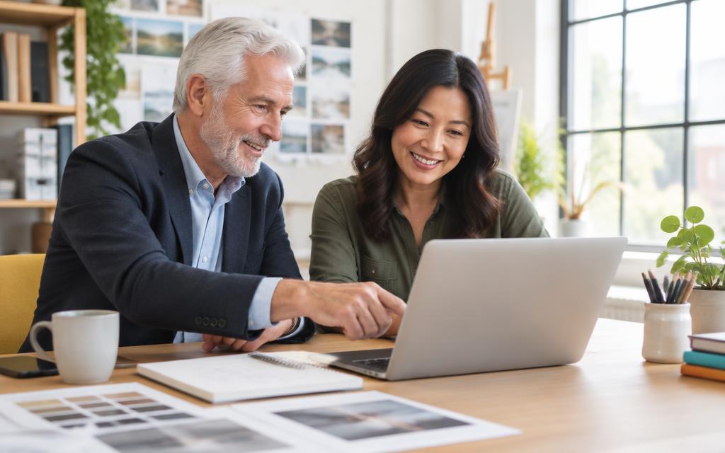 An older business owner and a website designer reviewing a laptop together