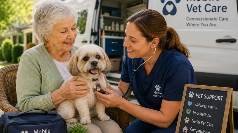 A senior smiling while a mobile vet examines their small dog