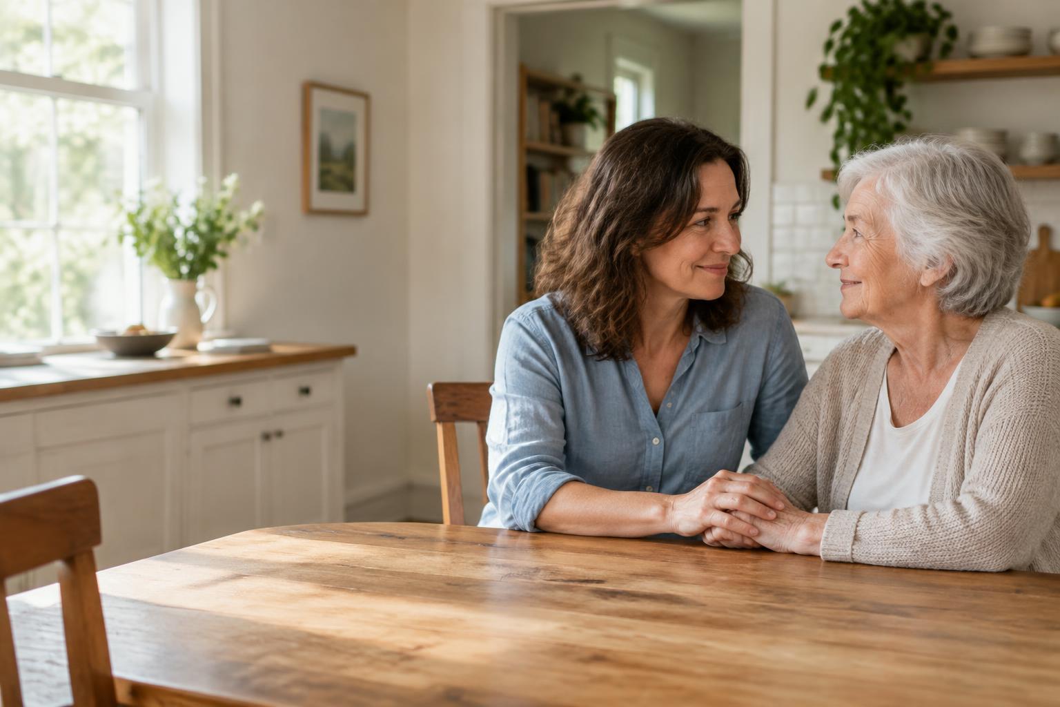 An adult daughter and her aging mother holding hands at their kitchen table.